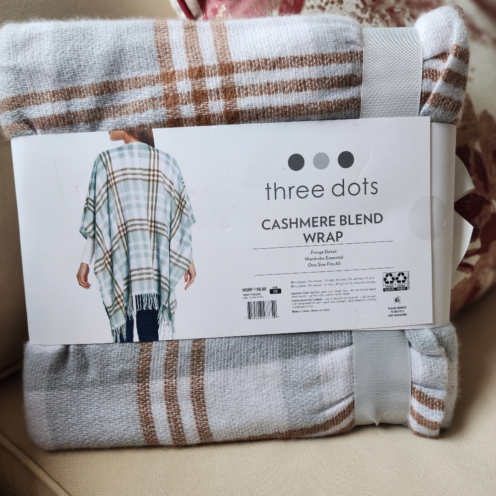 NWT Three Dots Cashmere Blend Wrap - Gray and Brown Plaid - Picture 3 of 4